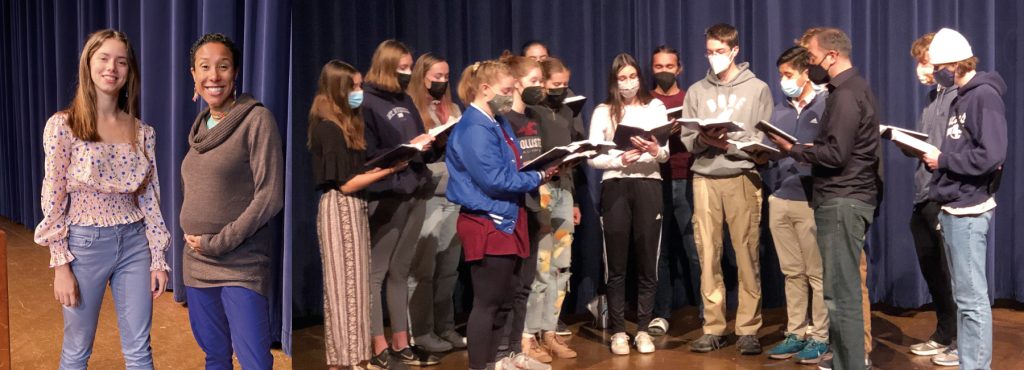 (l)Sarah Nahar (introduced by her cousin Naomi Diener ’23) shared about her research in sanitation justice and who gets to have access to facilities with dignity. (r)  Chamber Choir sings “Lift Every Voice and Sing” for an MLK Jr. Day service.