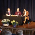 Elwood Yoder, Earl Martin, Caleb Schrock-Hurst at the public Kennel Charles Lecture. EMS photo.