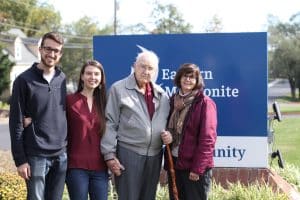 Left to right, Andry Stutzman '14, Rachel Shenk Stutzman '14, Lyle Burkholder '44, Sharon Shenk '80