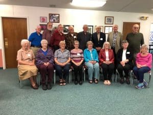 Class of 1954. Seated left to right - Lois Myers, Frances Brunk Miller, Betty Yoder
Oberholtzer Kreider, Carolyn Horst Brubaker, Christine Christophel Mast
Hill, Irene Propst Sutton, Esther Ebersole Lepley, Geneva Emswiler Suter. Standing left to right - Wayne (Bud) Stutzman, James Good, Ray
Swartley, Nelson Swope, Garland Martin, Nelson Baer, David Hertzler, Harold
Shisler. 