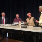 Chapel panel featuring, left to right, Elwood Yoder (moderator), James Rush, Leo Heatwole, Lois Bowman Kreider, 2019