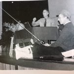 Beloved colleague Tim Brenneman helps Elwood Yoder make a point in chapel, 2010