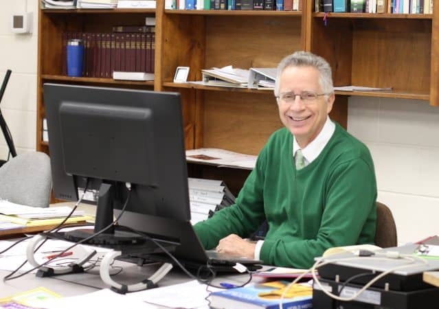 Elwood Yoder teaching via Zoom from his desk during the pandemic, fall 2020