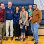 Elwood's family joined him for a recognition on May 3, 2021 at the school. From left to right, Philip '10, Elwood, Joy, daughter Maria '06 and son-in-law Aaron Billings, and two beloved grandchildren (future Flames!). Unable to attend, son, Nathaniel '04 lives in Kansas with his wife Maggie and children. 