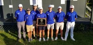 Varsity boys golf, VISAA DIII state champions, May 2022. Left to right, Coach Chris Slonaker, Andrew Lantz '24, Drew Hatter '24, Adam Hatter '22, Schuyler Harmison '22, Ryan Slonaker '24, Grant Pennybacker '22